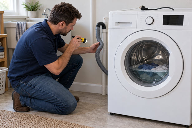 Homeowner inspecting a washer drain hose while water remains visible inside the drum.