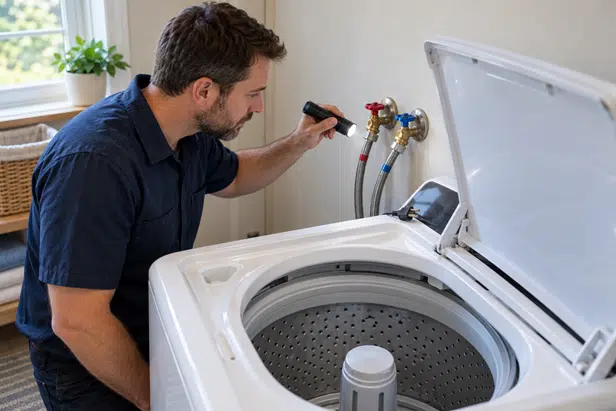 Homeowner checking the hot and cold water supply connections beside an empty top-load washer.