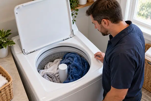Homeowner checking an uneven load of towels inside a stopped top-load washer.